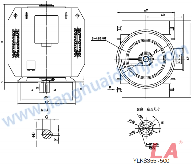 YLKS系列高壓立式三相異步電動機外形及安裝尺寸圖(YLKS355-630 IP23 6KV) - 六安江淮電機有限公司