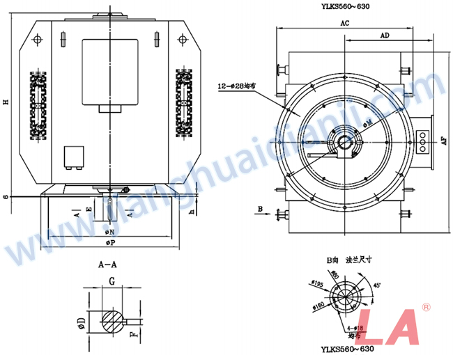 YLKS系列高壓立式三相異步電動機外形及安裝尺寸圖(YLKS450-630 IP23 10KV) - 六安江淮電機有限公司